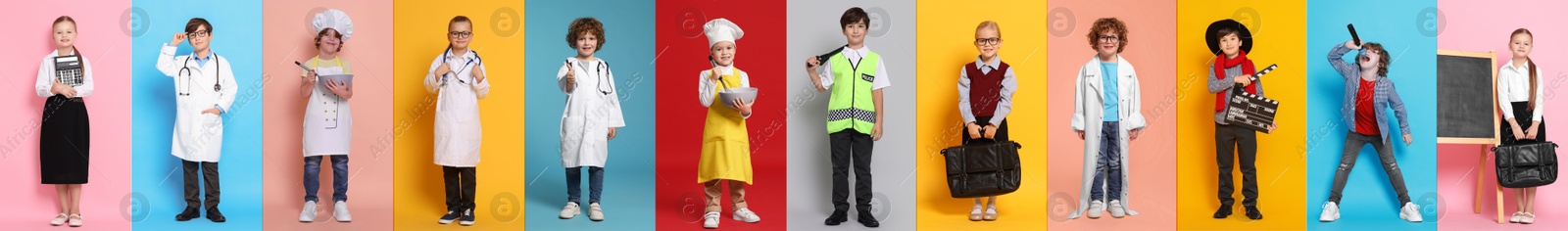 Image of Future profession. Cute children copying people from different occupations on bright backgrounds