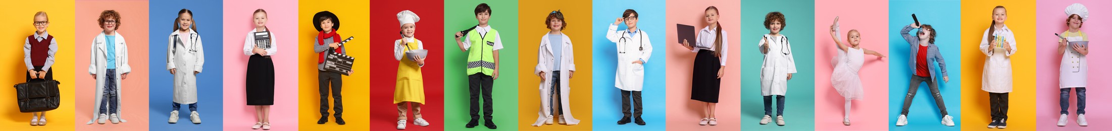 Image of Future profession. Cute children copying people from different occupations on bright backgrounds