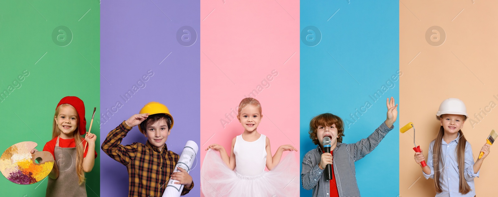 Image of Future profession. Cute children copying people from different occupations on bright backgrounds