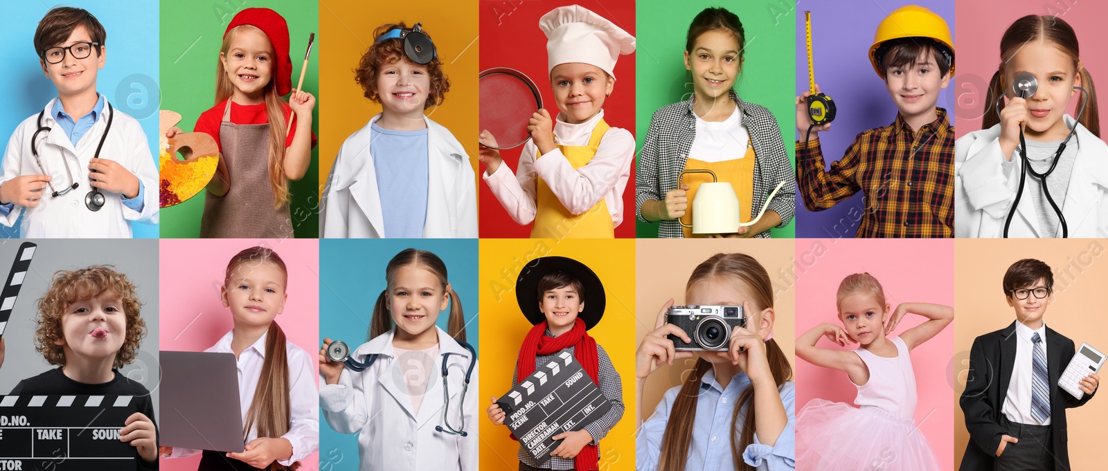 Image of Future profession. Cute children copying people from different occupations on bright backgrounds