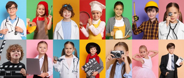 Image of Future profession. Cute children copying people from different occupations on bright backgrounds