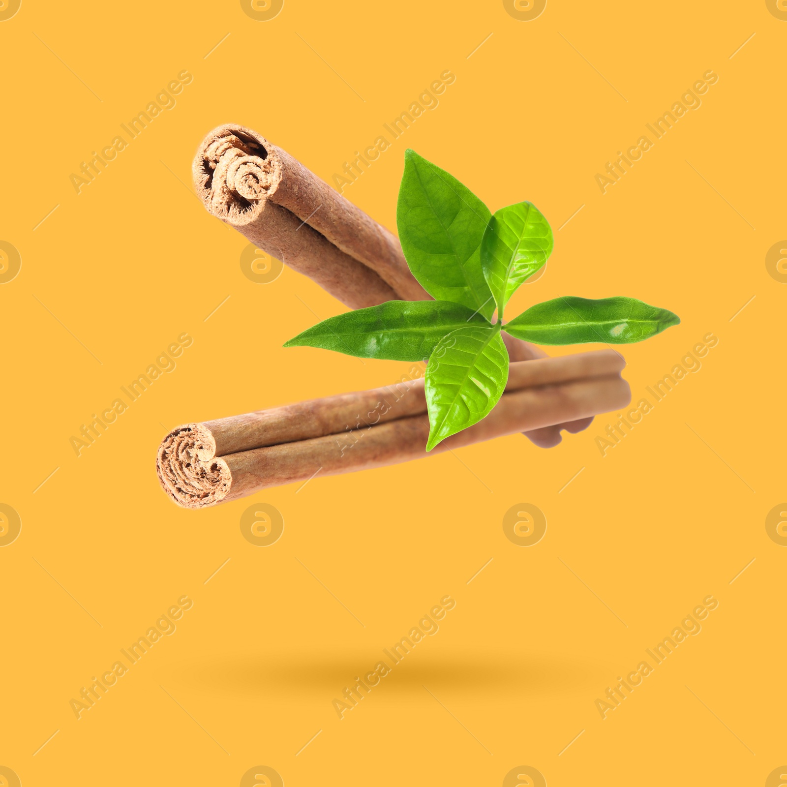 Image of Cinnamon sticks and green leaves in air on orange background