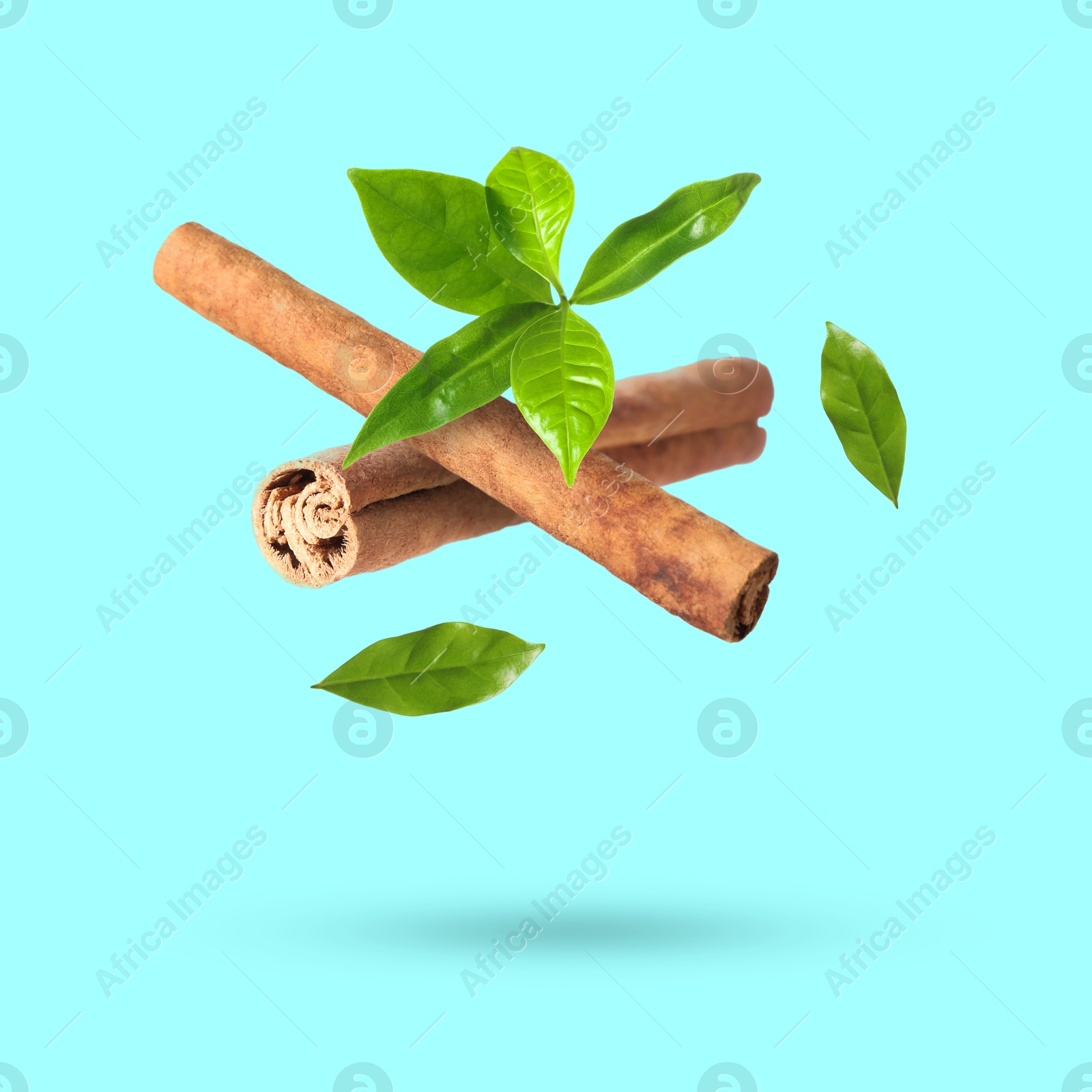 Image of Cinnamon sticks and green leaves in air on light blue background