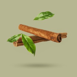 Image of Cinnamon sticks and green leaves in air on grey background