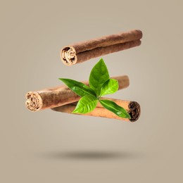 Image of Cinnamon sticks and green leaves in air on grey background