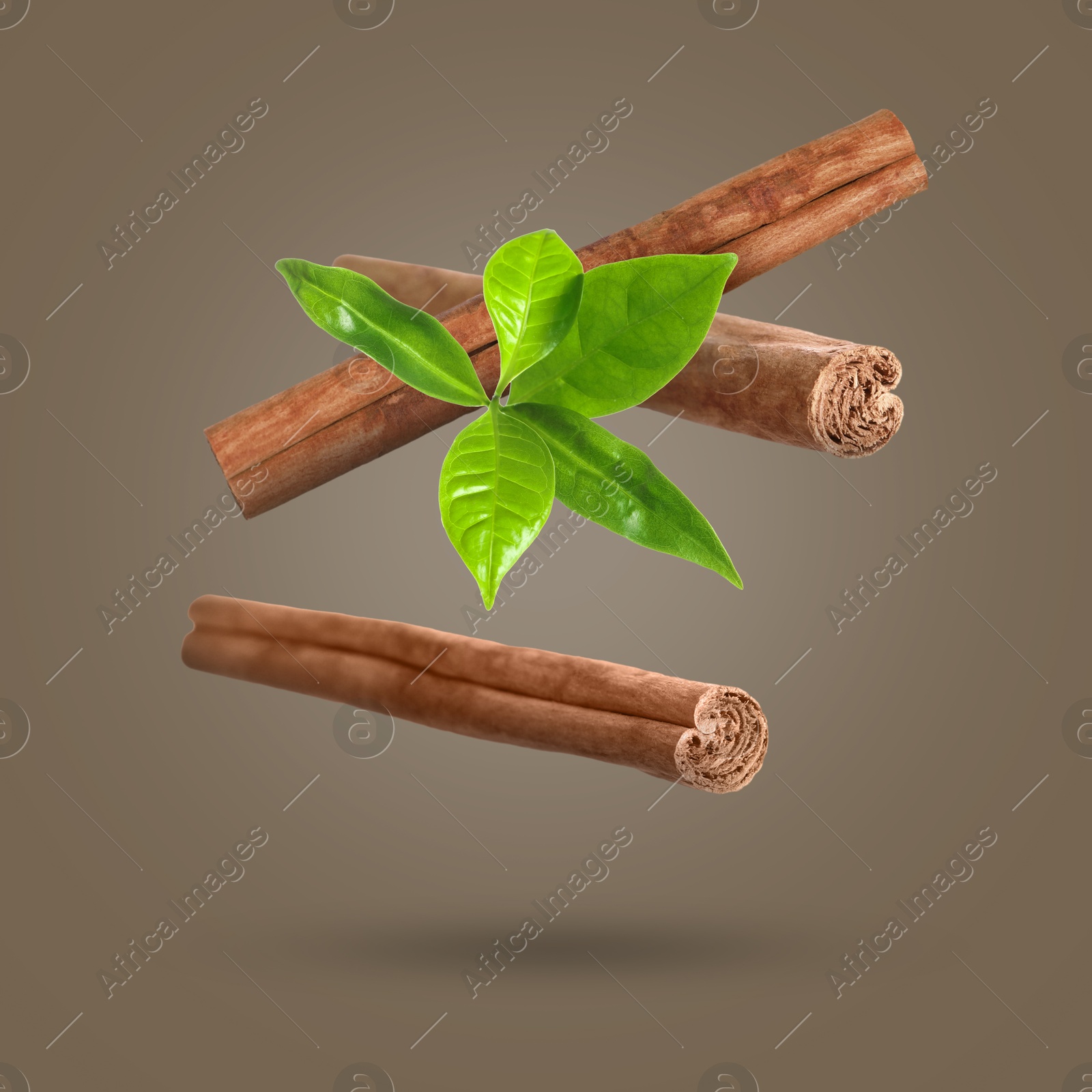 Image of Cinnamon sticks and green leaves in air on greyish brown background