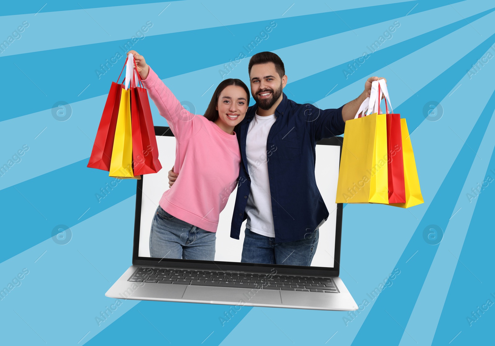 Image of Internet shopping. Happy couple with shopping bags coming out of laptop on striped light blue background