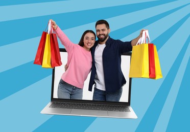 Image of Internet shopping. Happy couple with shopping bags coming out of laptop on striped light blue background