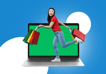 Internet shopping. Happy woman with shopping bags running on laptop against color background