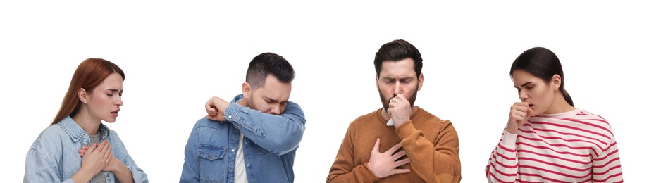 Image of People coughing on white background. Set of portraits