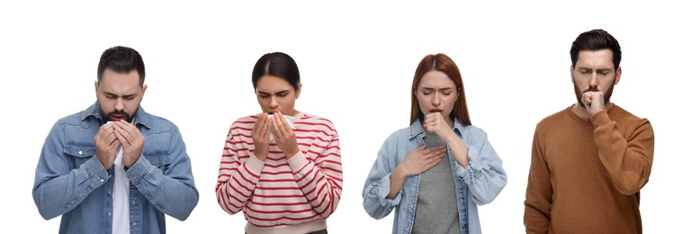 Image of People coughing on white background. Set of portraits