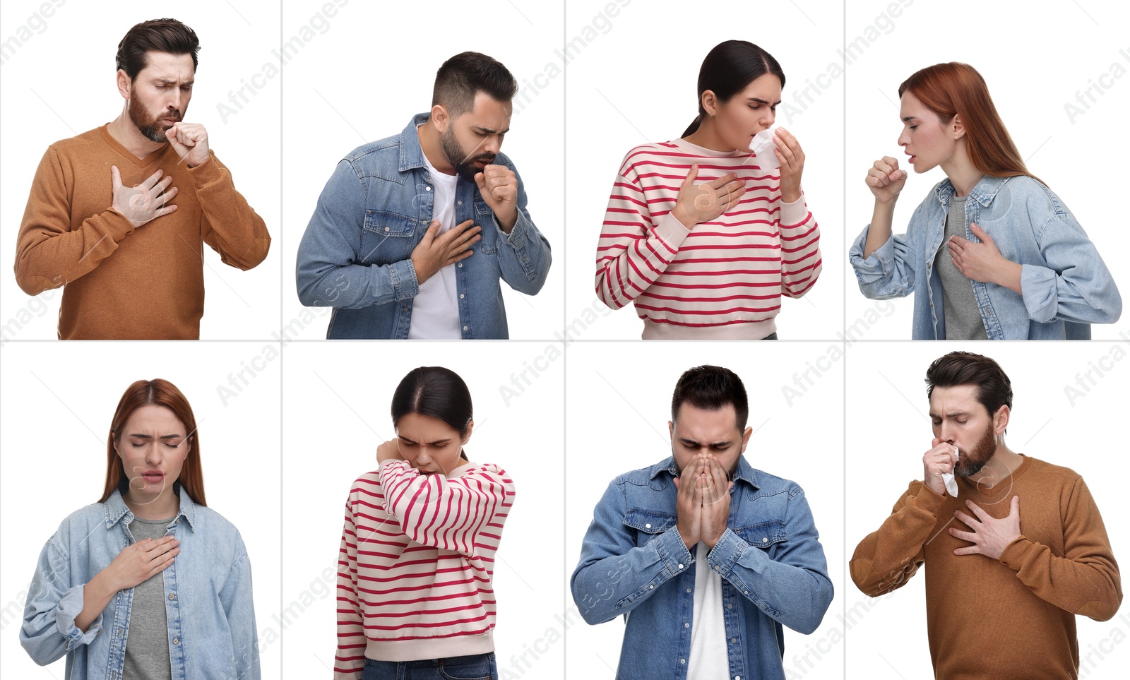 Image of People coughing on white background. Set of portraits