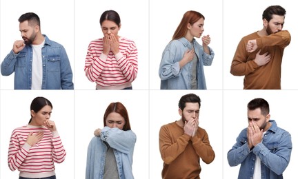 Image of People coughing on white background. Set of portraits