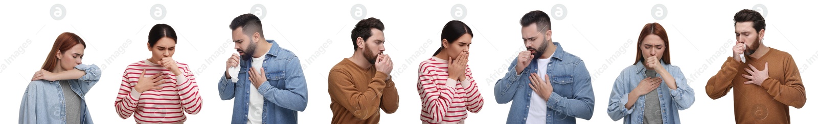 Image of People coughing on white background. Set of portraits