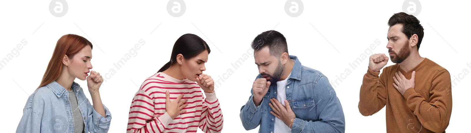 Image of People coughing on white background. Set of portraits