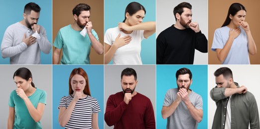 Image of People coughing. Set of portraits on different colors backgrounds