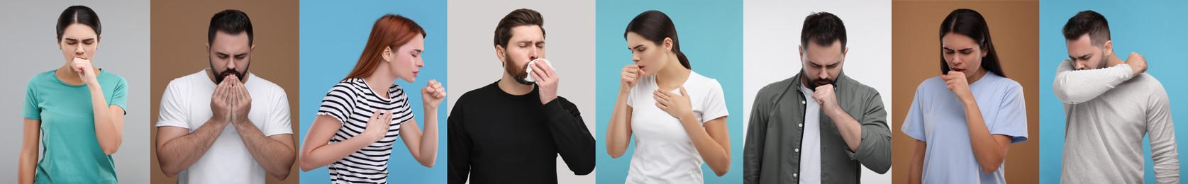 Image of People coughing. Set of portraits on different colors backgrounds