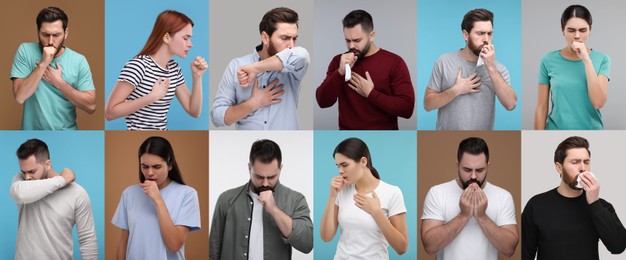 Image of People coughing. Set of portraits on different colors backgrounds