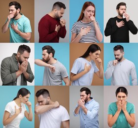 People coughing. Set of portraits on different colors backgrounds