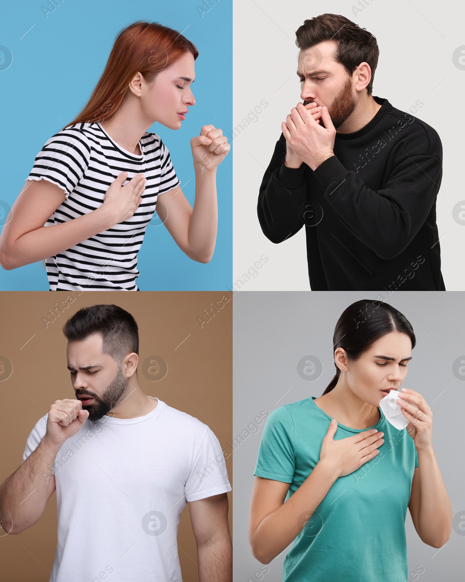 Image of People coughing. Set of portraits on different colors backgrounds