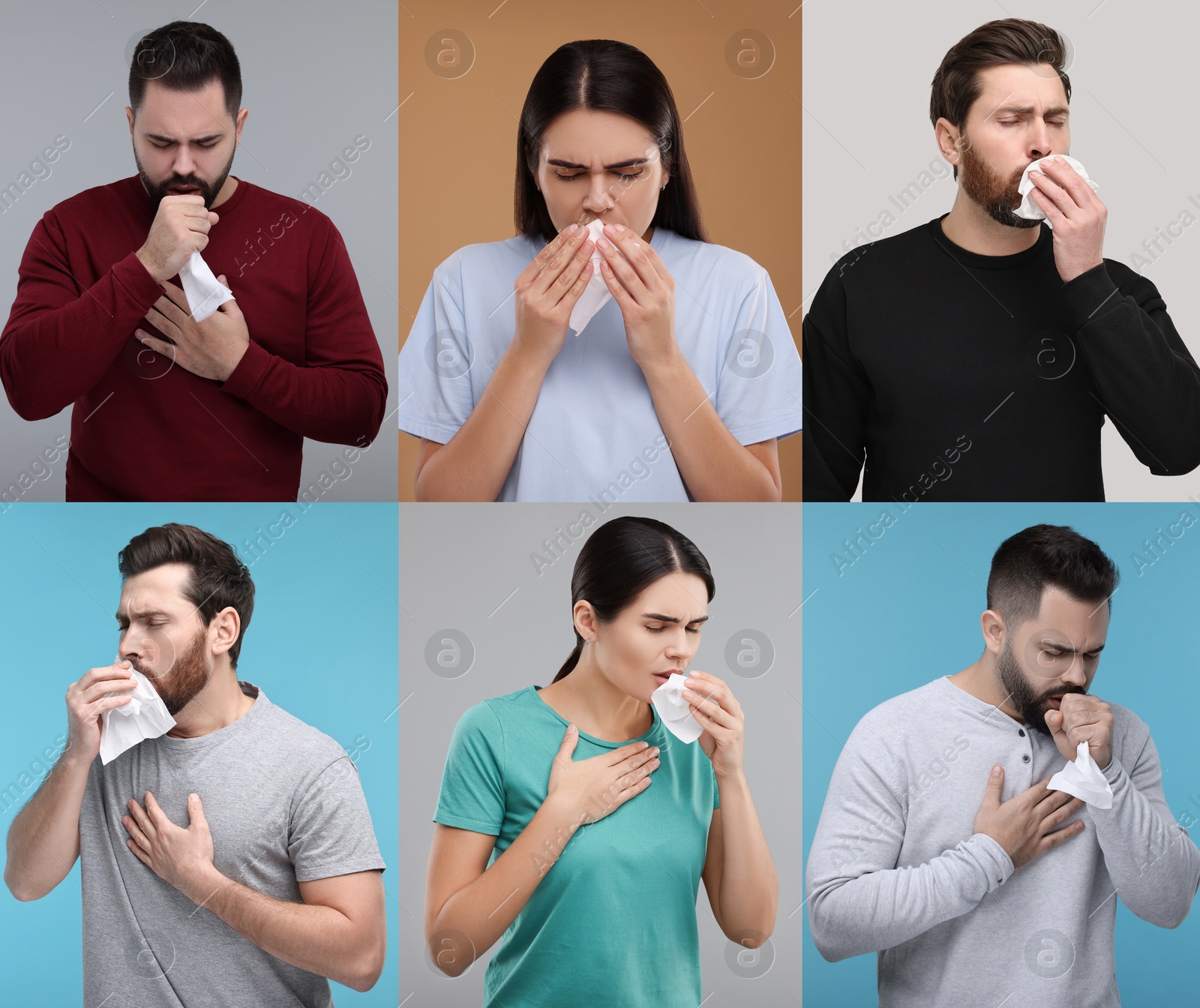 Image of People coughing. Set of portraits on different colors backgrounds