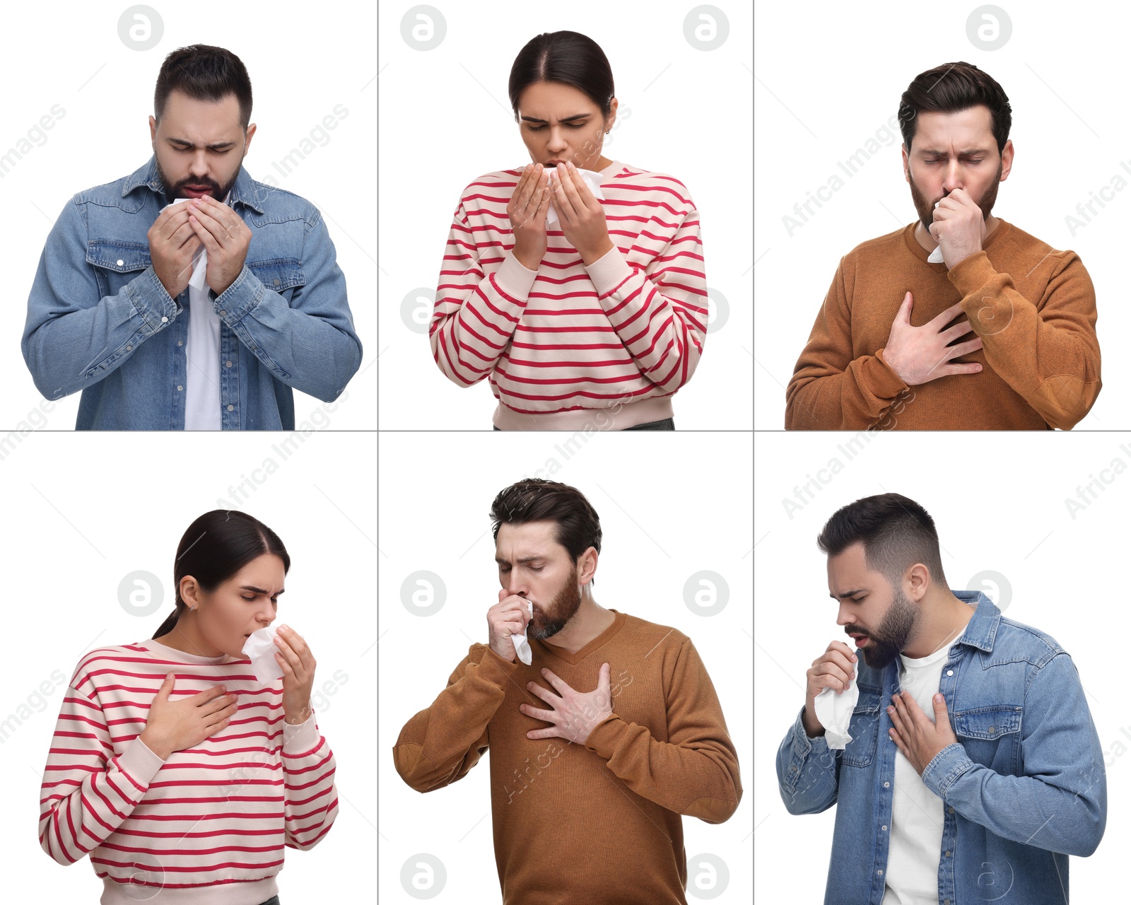 Image of People coughing on white background. Set of portraits