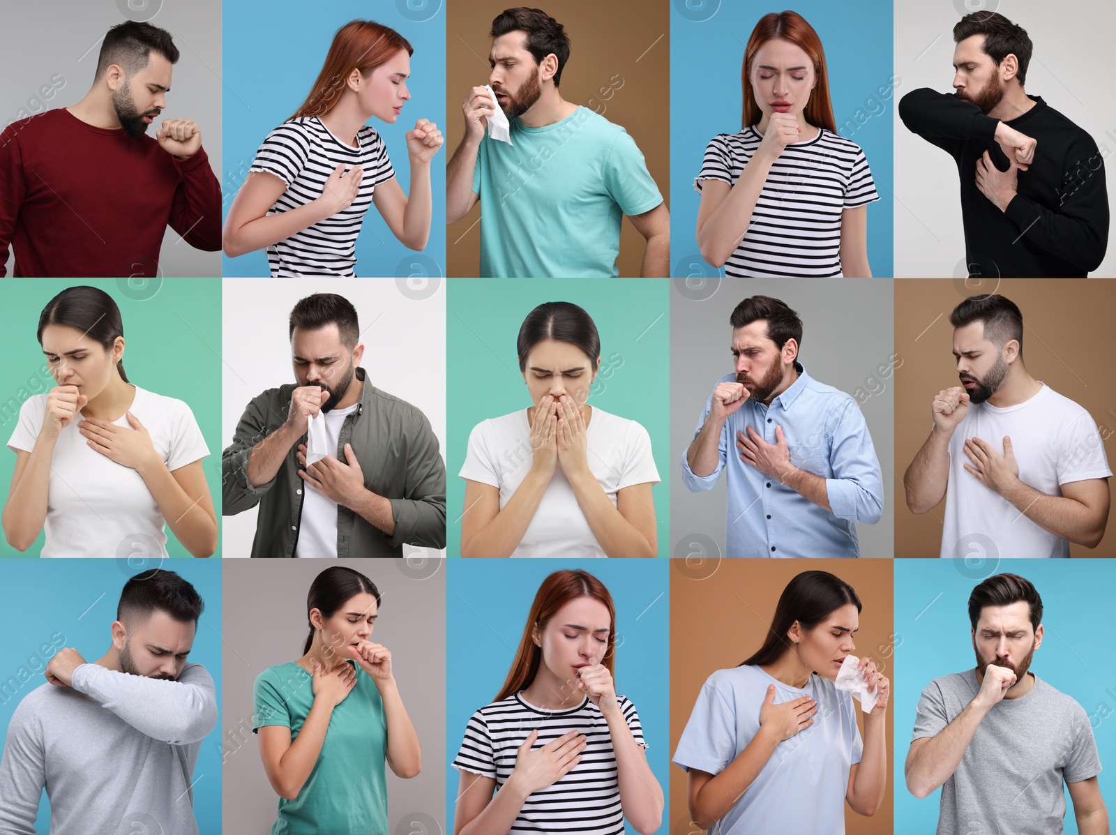 Image of People coughing. Set of portraits on different colors backgrounds