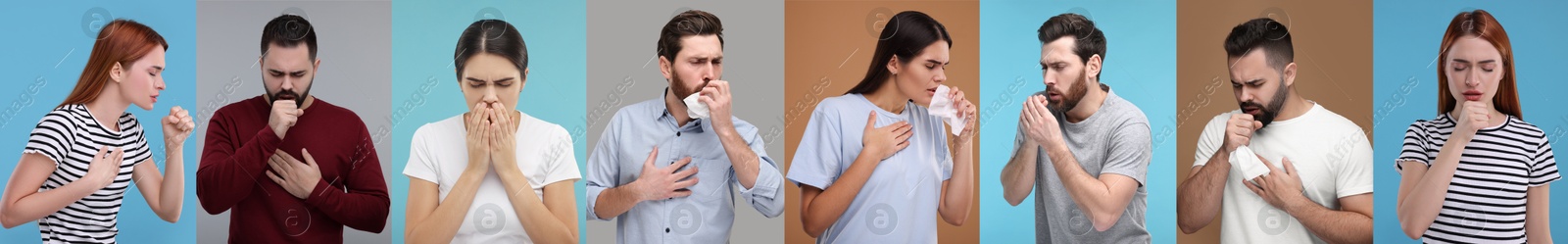 Image of People coughing. Set of portraits on different colors backgrounds