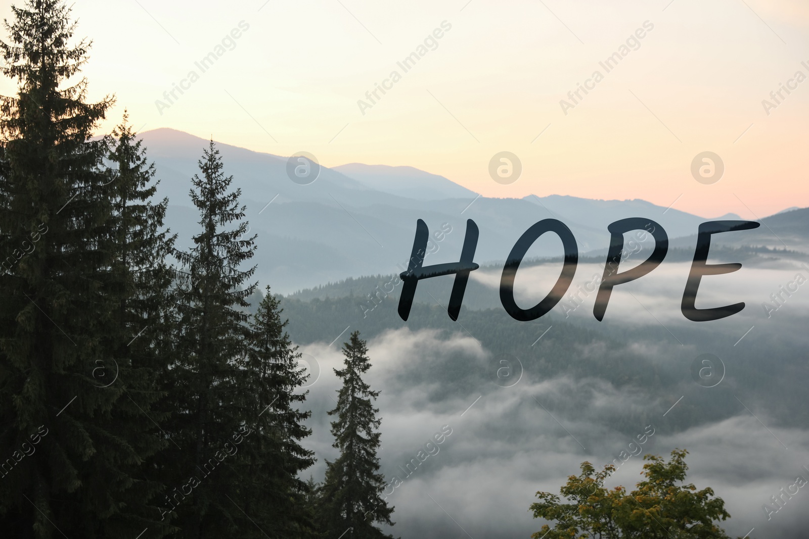 Image of Hope. Beautiful view of mountains covered with fog