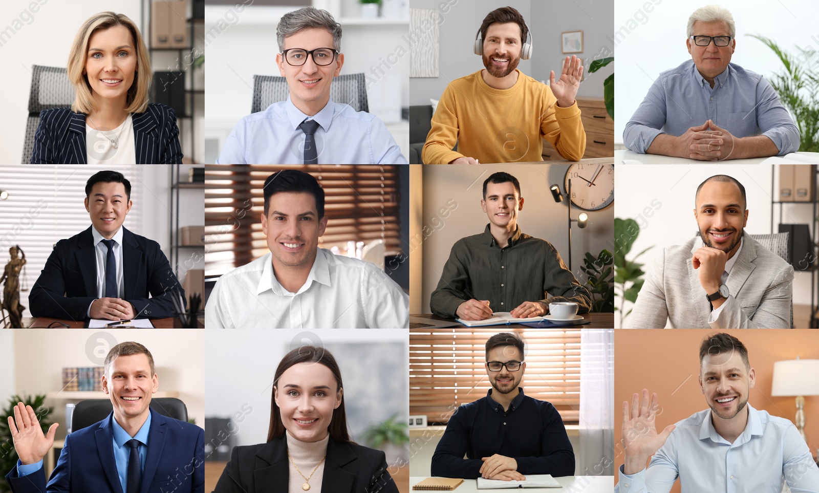 Image of Businesspeople looking into camera during online meeting. Collage with photos