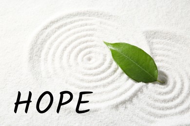 Image of Hope. Zen garden with green leaf and pattern on white sand