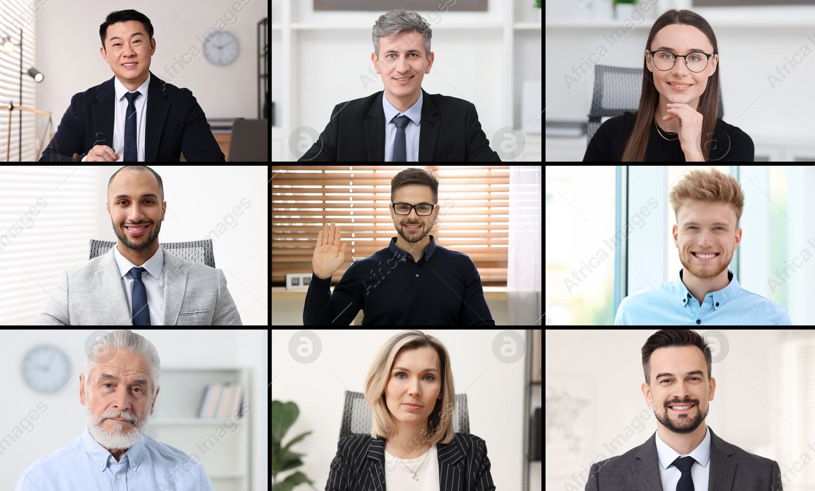 Image of Businesspeople looking into camera during online meeting. Collage with photos