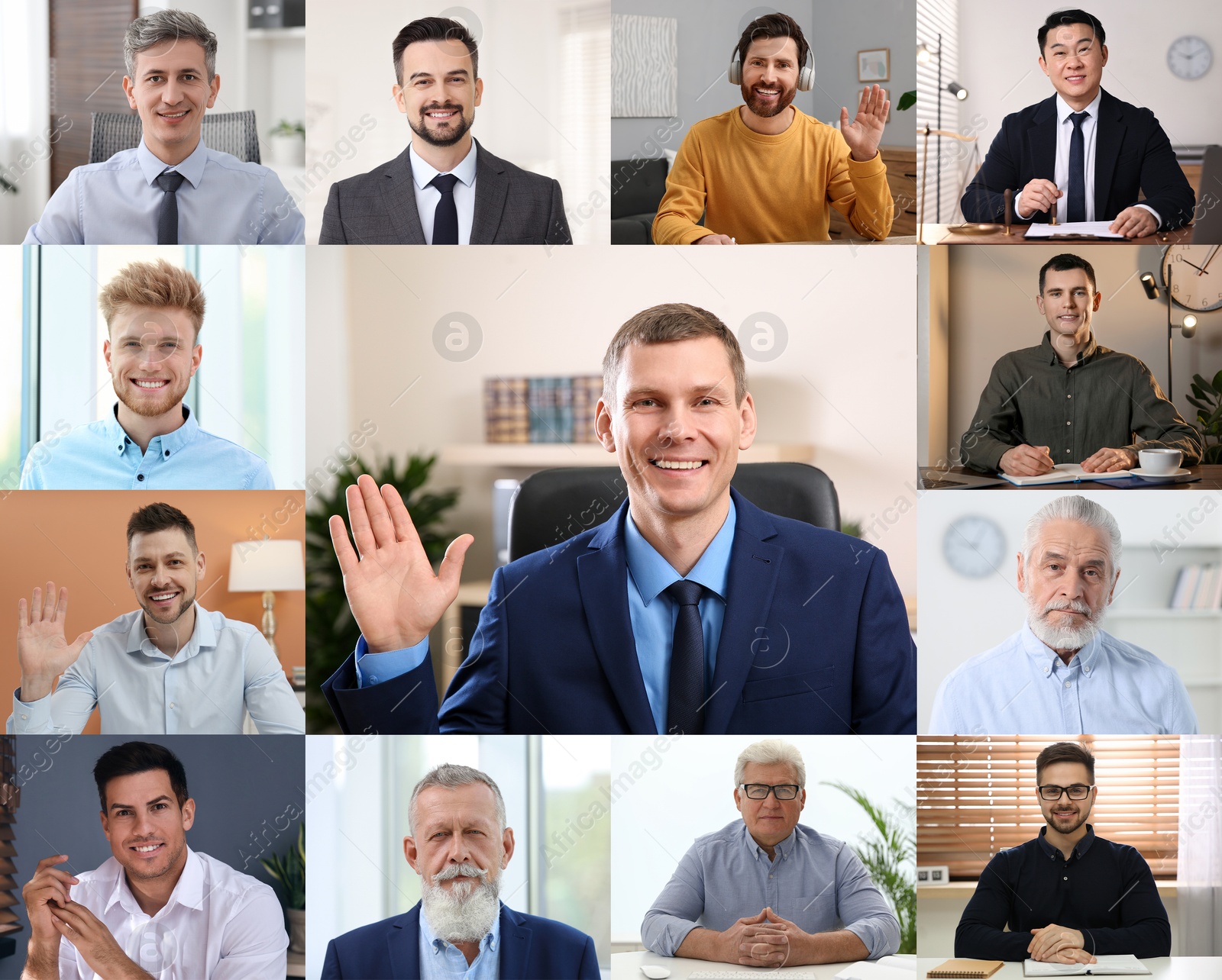 Image of Businesspeople looking into camera during online meeting. Collage with photos