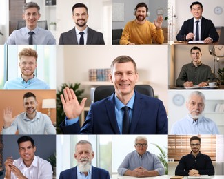 Image of Businesspeople looking into camera during online meeting. Collage with photos