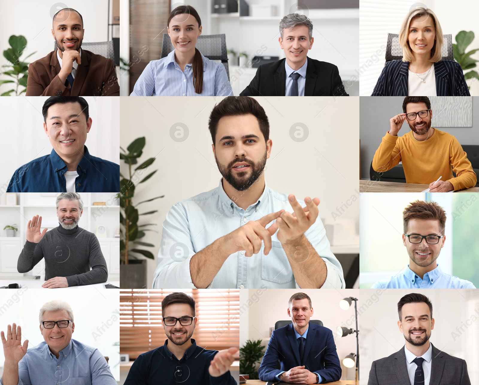 Image of Businesspeople looking into camera during online meeting. Collage with photos