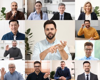 Image of Businesspeople looking into camera during online meeting. Collage with photos