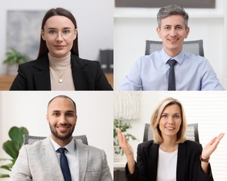 Image of Businesspeople looking into camera during online meeting. Collage with photos