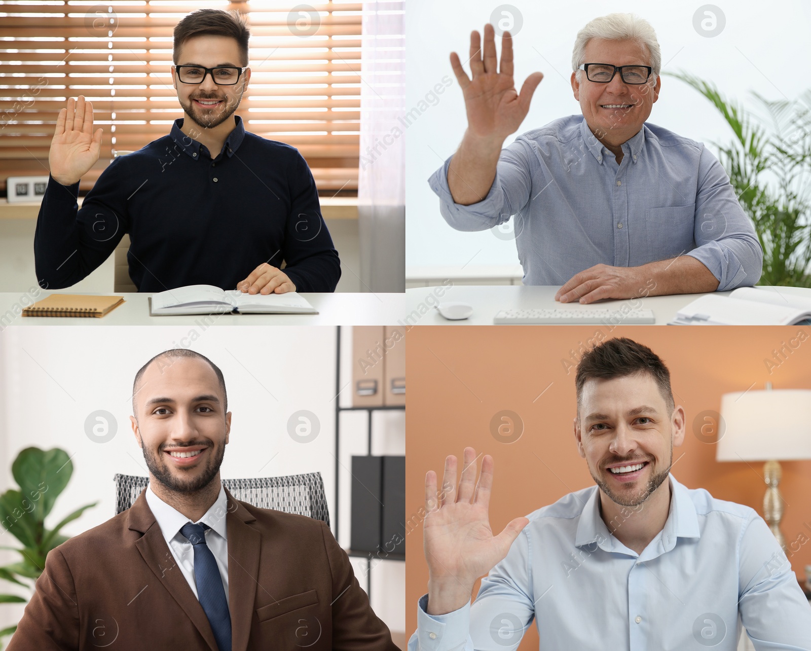 Image of Businesspeople looking into camera during online meeting. Collage with photos