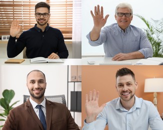 Image of Businesspeople looking into camera during online meeting. Collage with photos