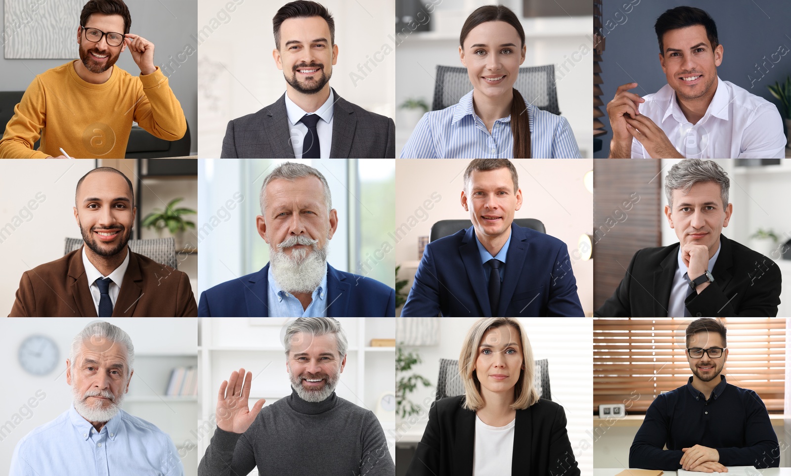 Image of Businesspeople looking into camera during online meeting. Collage with photos