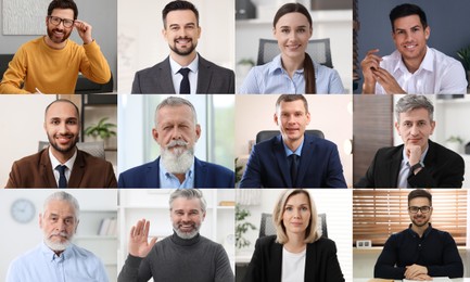 Image of Businesspeople looking into camera during online meeting. Collage with photos