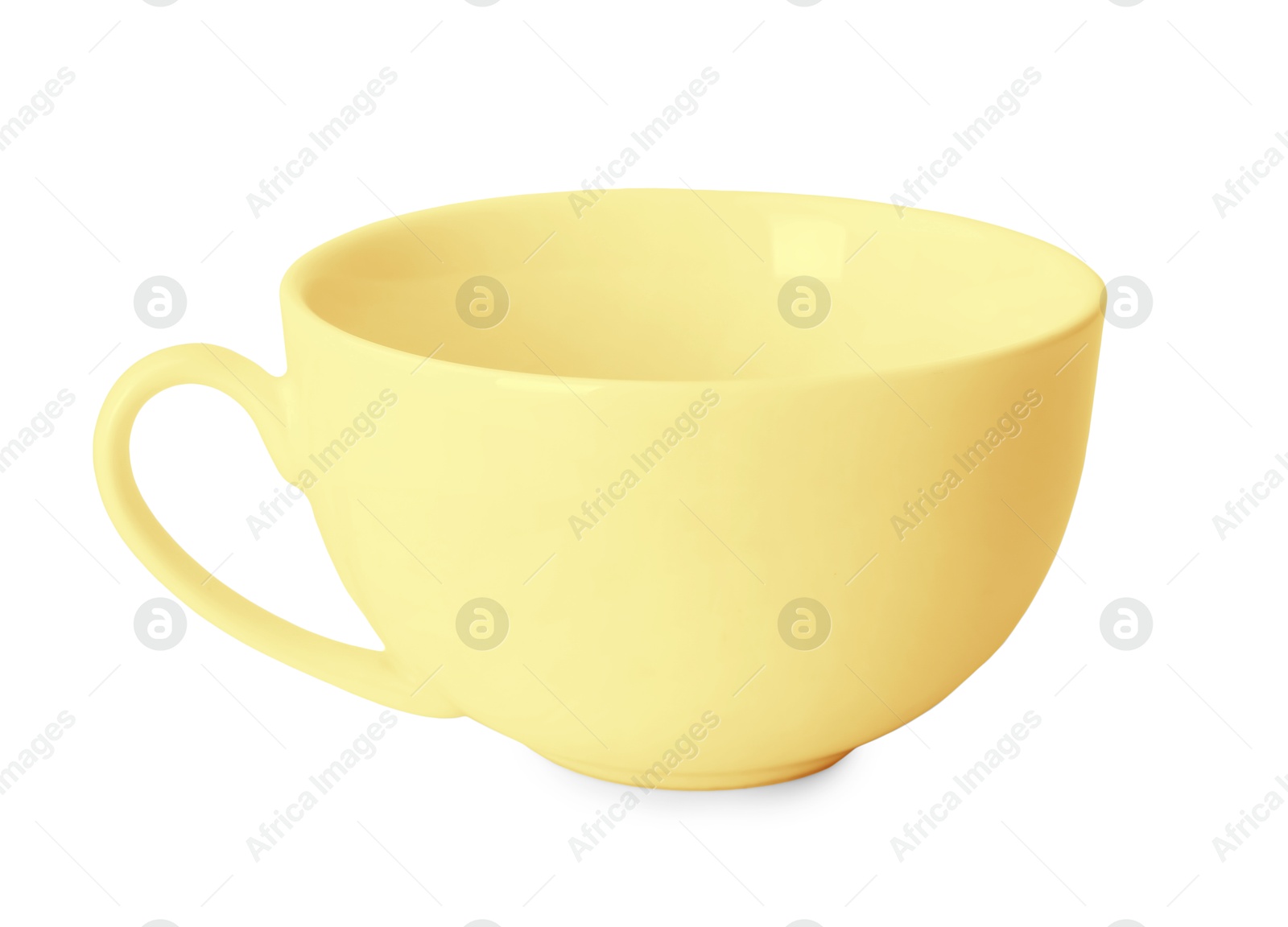 Image of Blank pale yellow cup isolated on white. Mockup for design