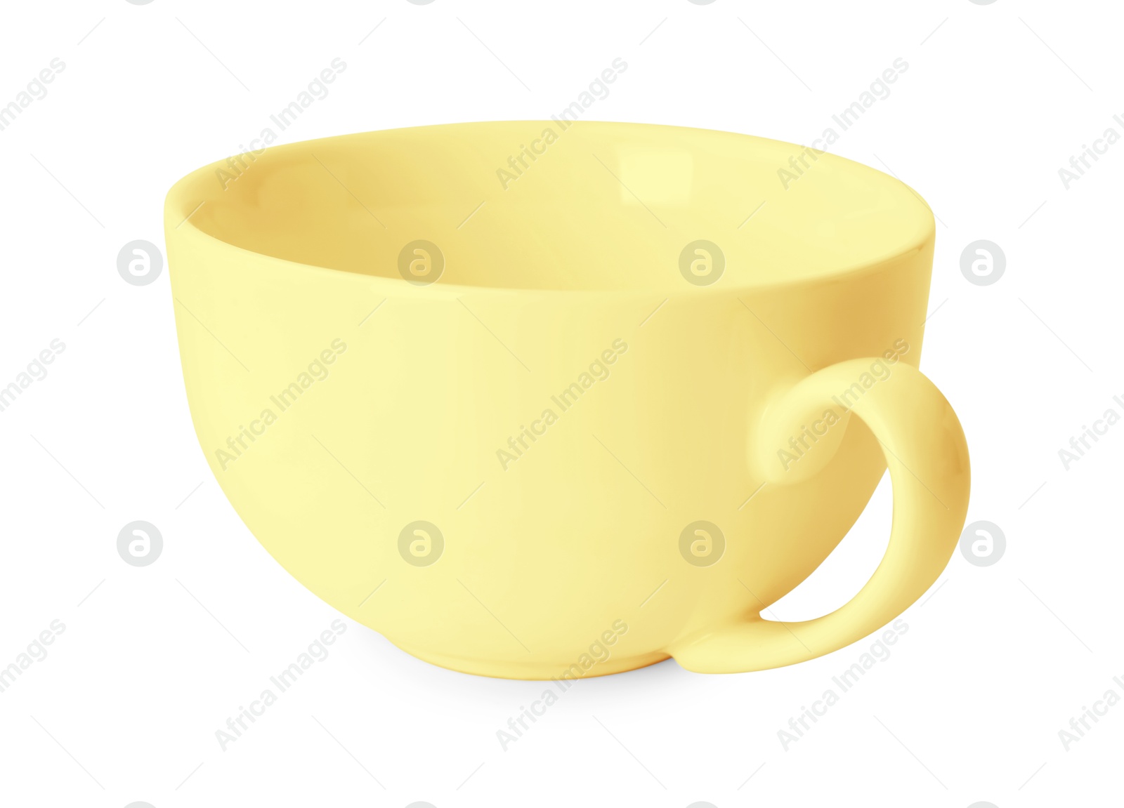 Image of Blank pale yellow cup isolated on white. Mockup for design