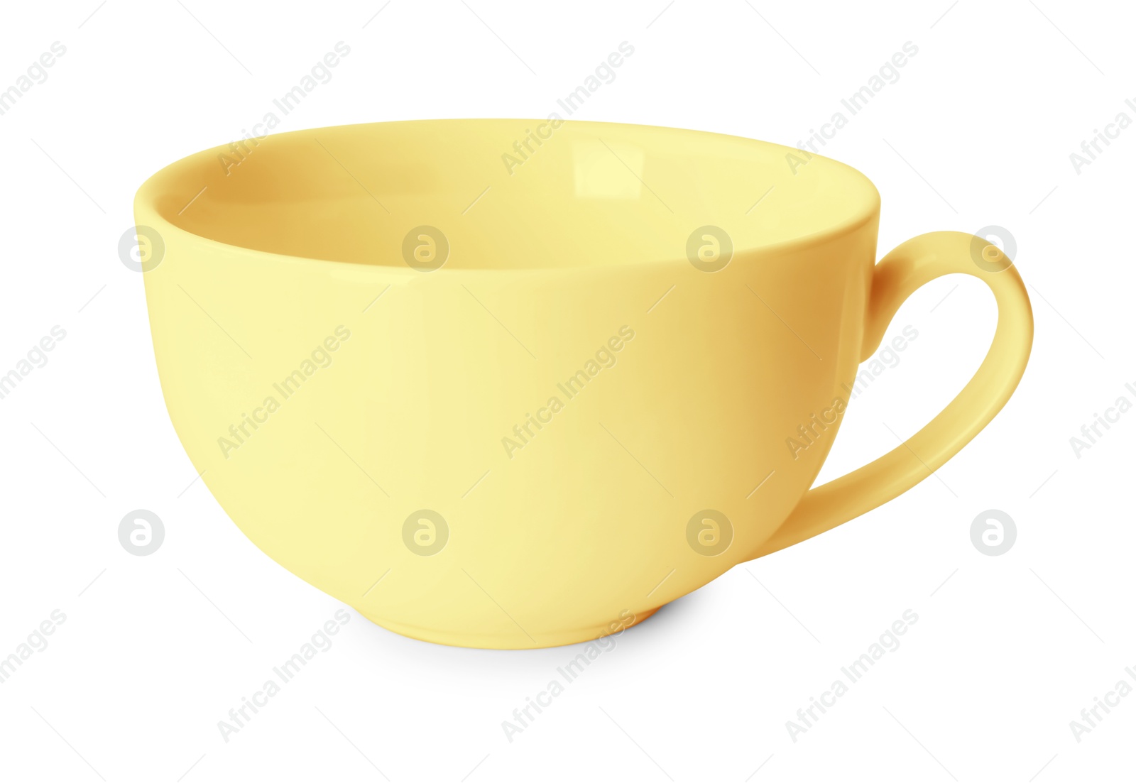 Image of Blank pale yellow cup isolated on white. Mockup for design