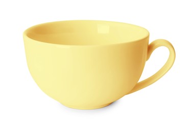 Image of Blank pale yellow cup isolated on white. Mockup for design