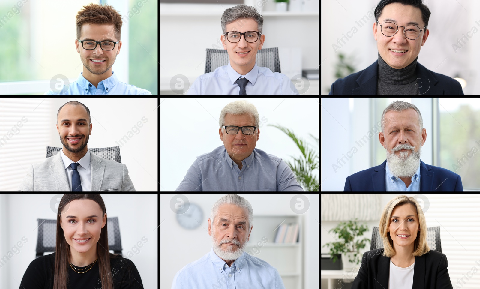 Image of Businesspeople looking into camera during online meeting. Collage with photos