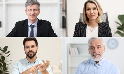 Image of Businesspeople looking into camera during online meeting. Collage with photos