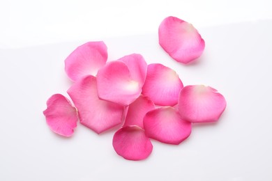 Photo of Many pink rose petals on white background, top view