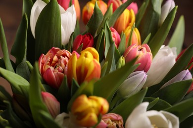 Photo of Beautiful bouquet of colorful tulip flowers, closeup