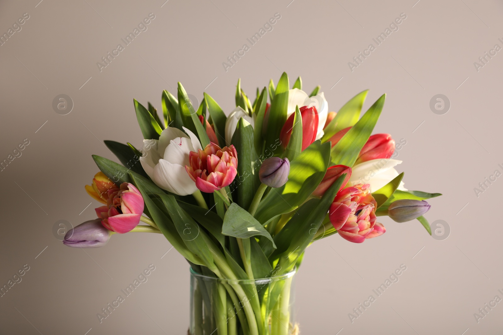 Photo of Beautiful bouquet of colorful tulips in glass vase on beige background